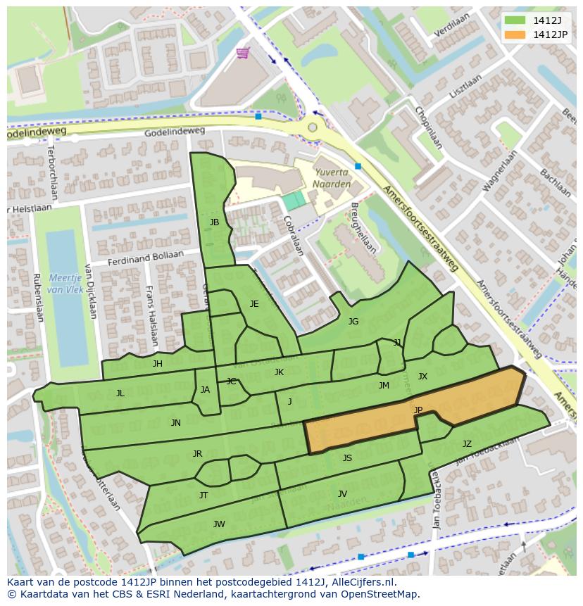 Afbeelding van het postcodegebied 1412 JP op de kaart.