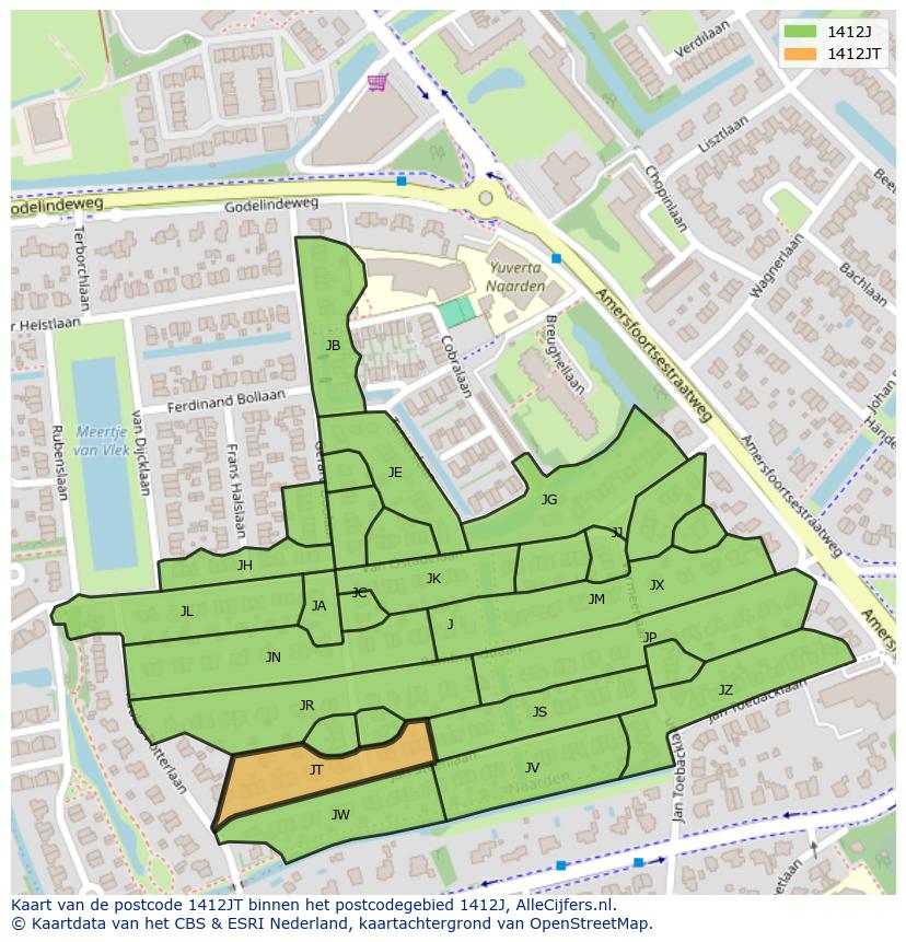 Afbeelding van het postcodegebied 1412 JT op de kaart.