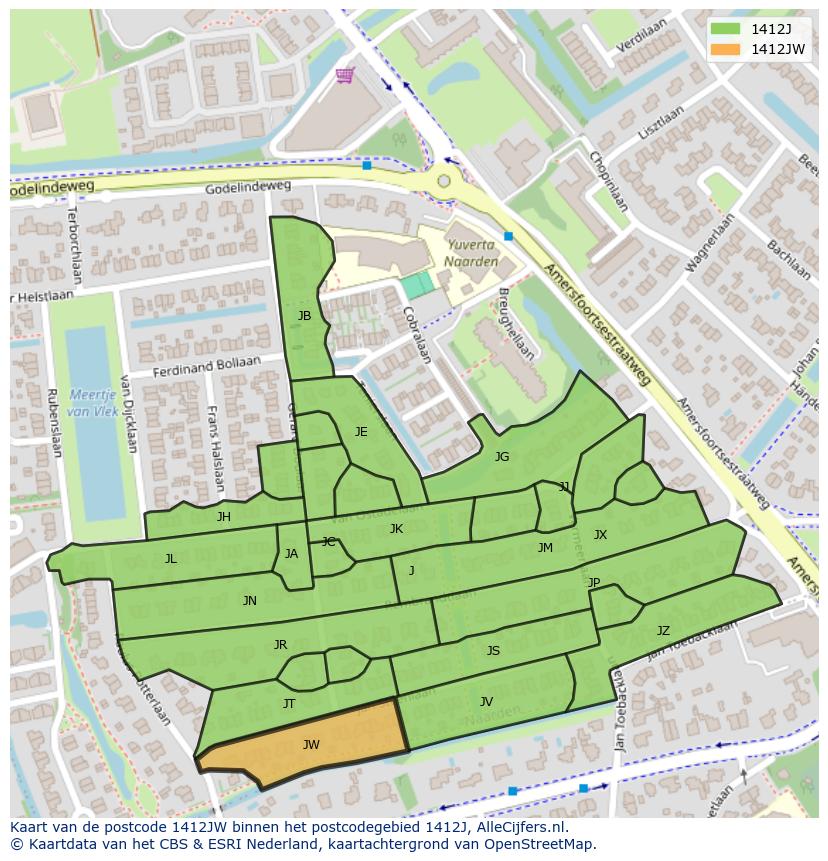 Afbeelding van het postcodegebied 1412 JW op de kaart.
