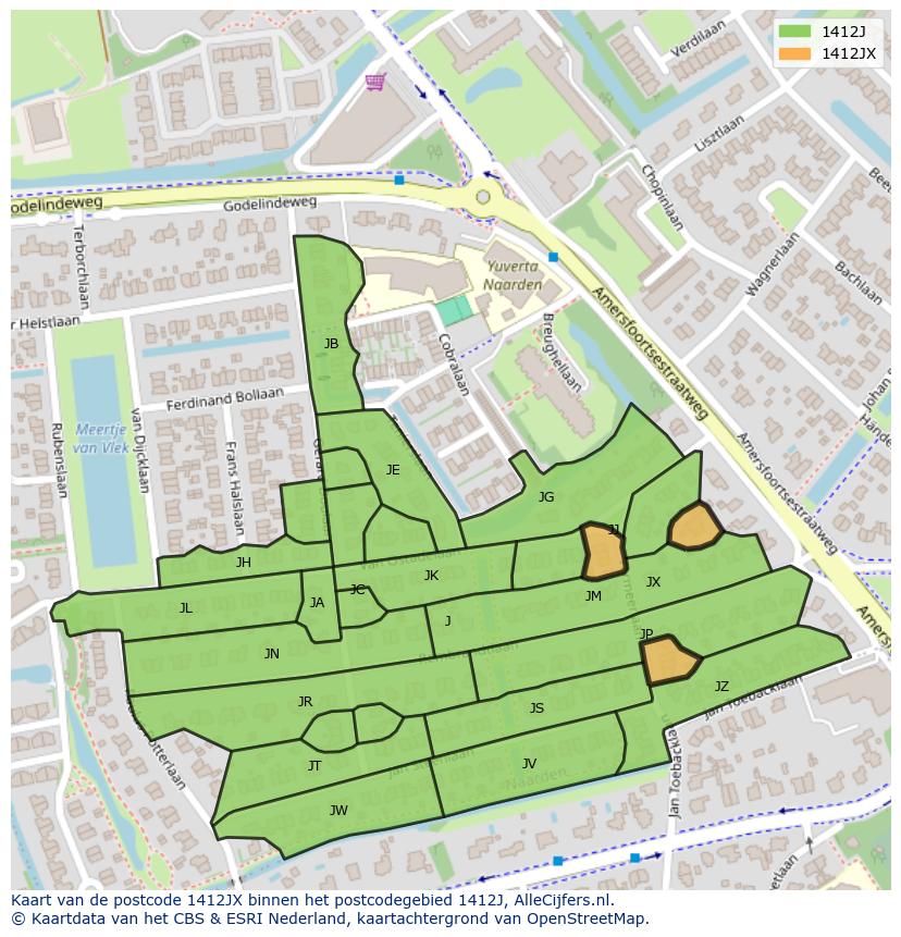 Afbeelding van het postcodegebied 1412 JX op de kaart.