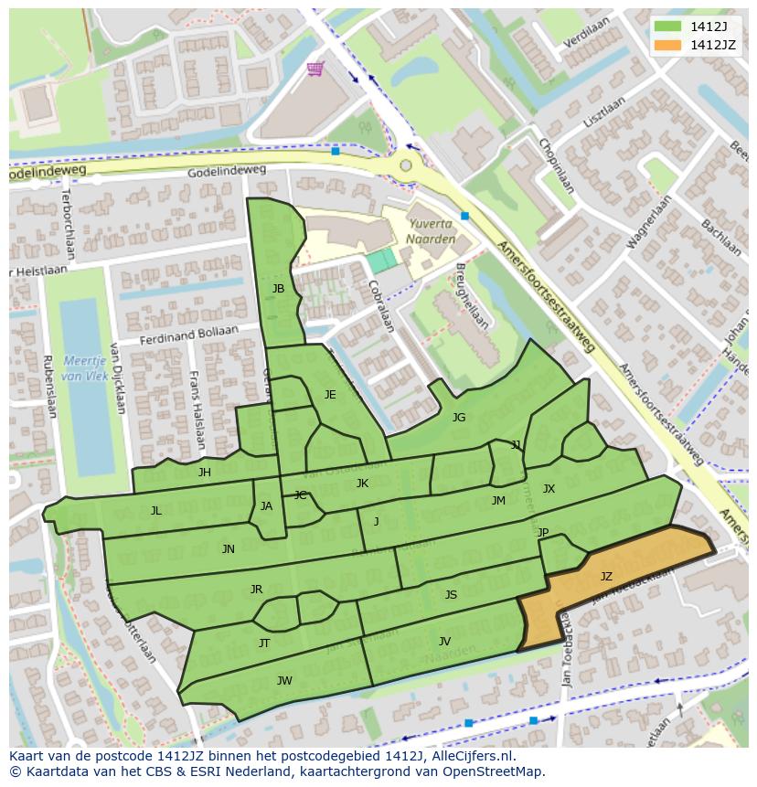 Afbeelding van het postcodegebied 1412 JZ op de kaart.