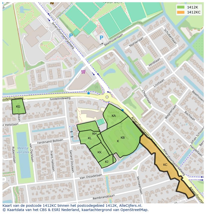 Afbeelding van het postcodegebied 1412 KC op de kaart.