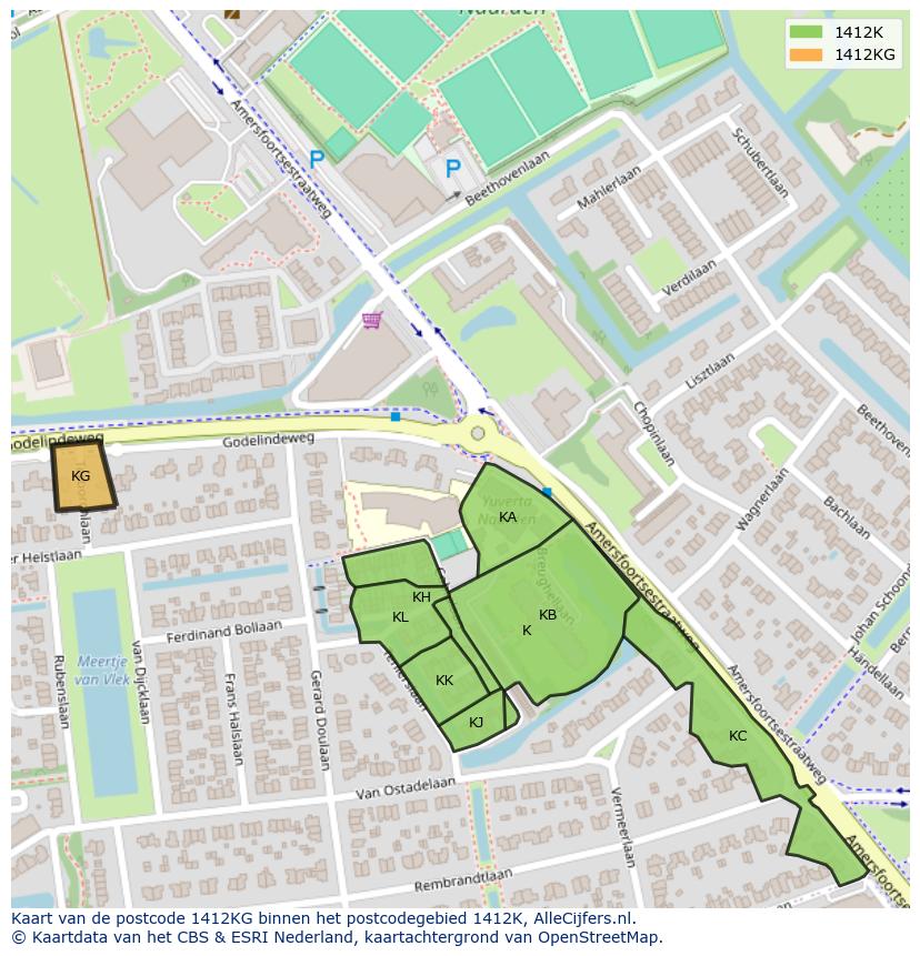 Afbeelding van het postcodegebied 1412 KG op de kaart.