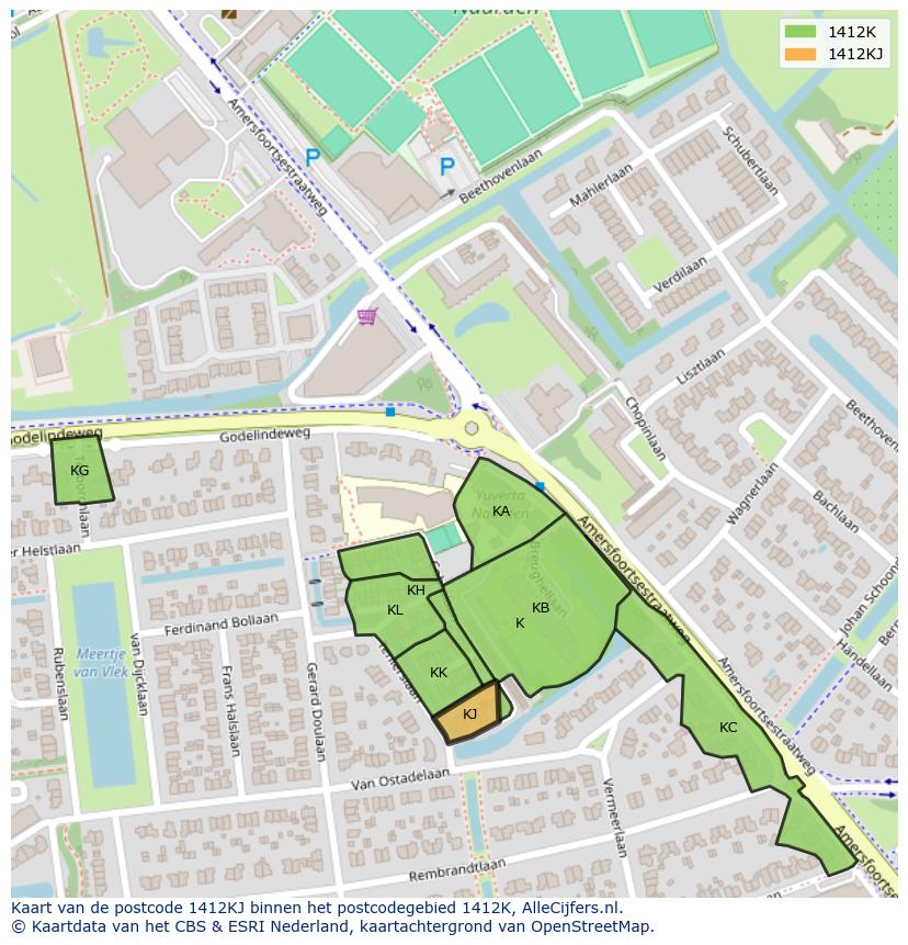Afbeelding van het postcodegebied 1412 KJ op de kaart.