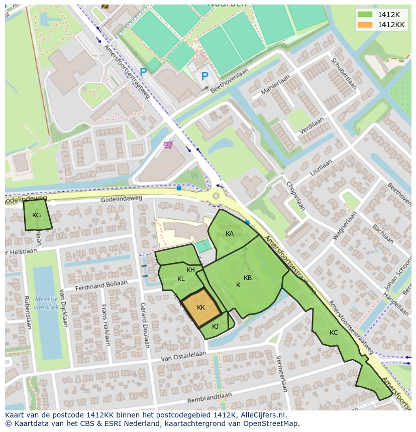 Afbeelding van het postcodegebied 1412 KK op de kaart.