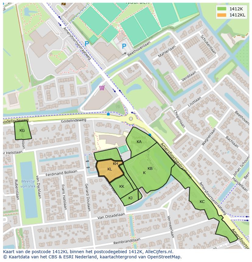 Afbeelding van het postcodegebied 1412 KL op de kaart.