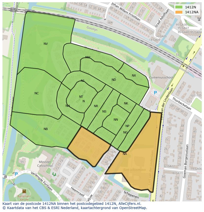 Afbeelding van het postcodegebied 1412 NA op de kaart.