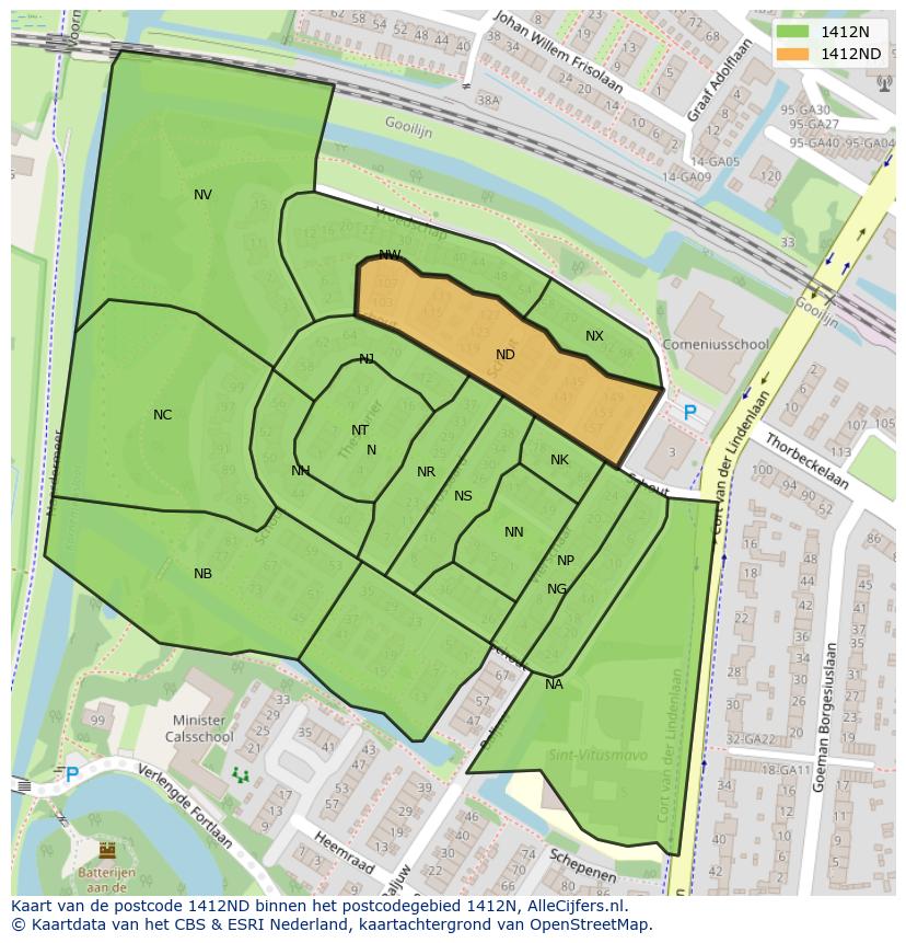 Afbeelding van het postcodegebied 1412 ND op de kaart.