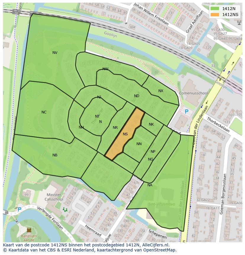 Afbeelding van het postcodegebied 1412 NS op de kaart.
