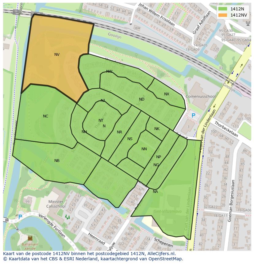 Afbeelding van het postcodegebied 1412 NV op de kaart.