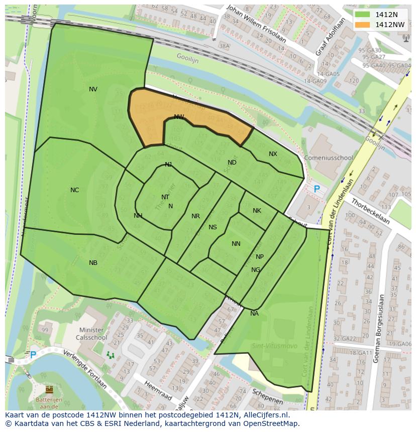 Afbeelding van het postcodegebied 1412 NW op de kaart.