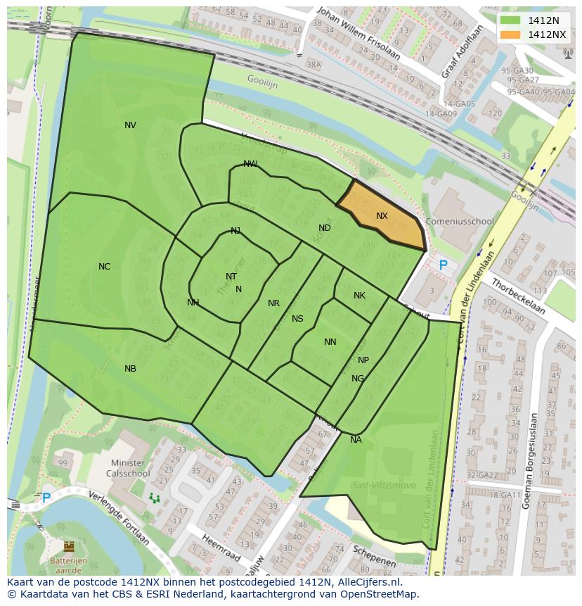 Afbeelding van het postcodegebied 1412 NX op de kaart.