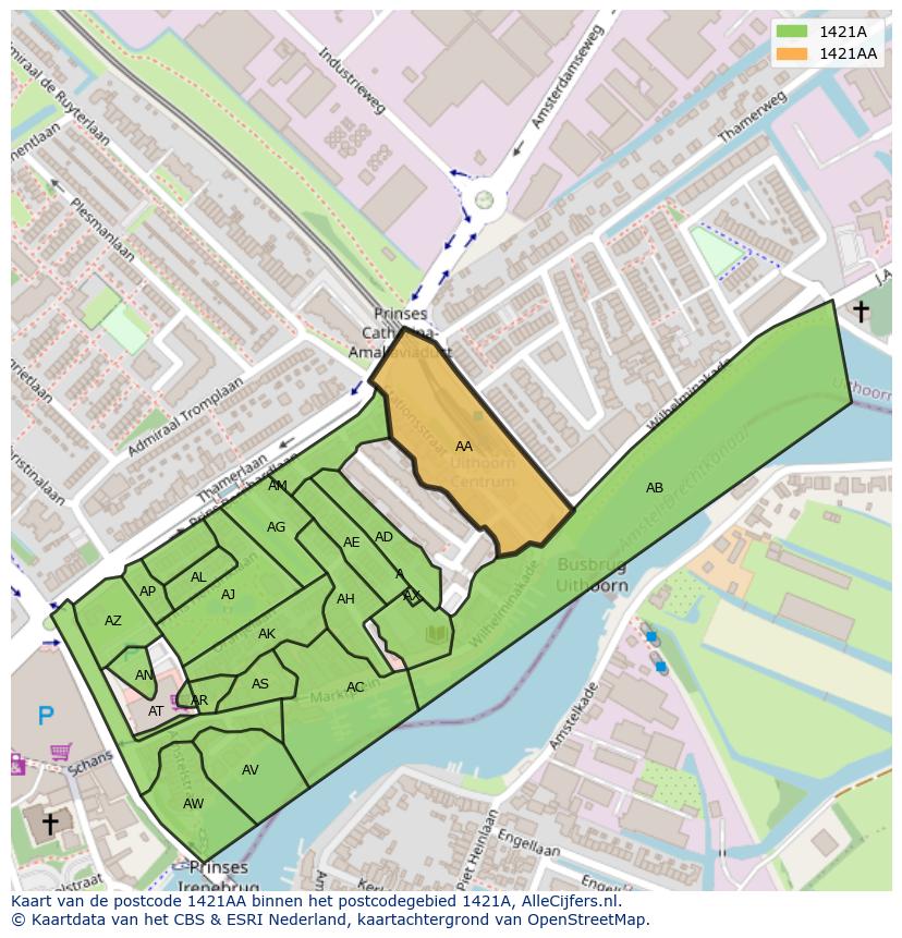 Afbeelding van het postcodegebied 1421 AA op de kaart.