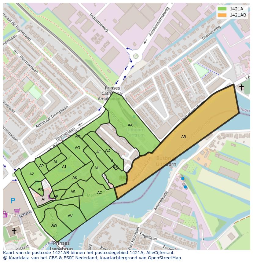 Afbeelding van het postcodegebied 1421 AB op de kaart.