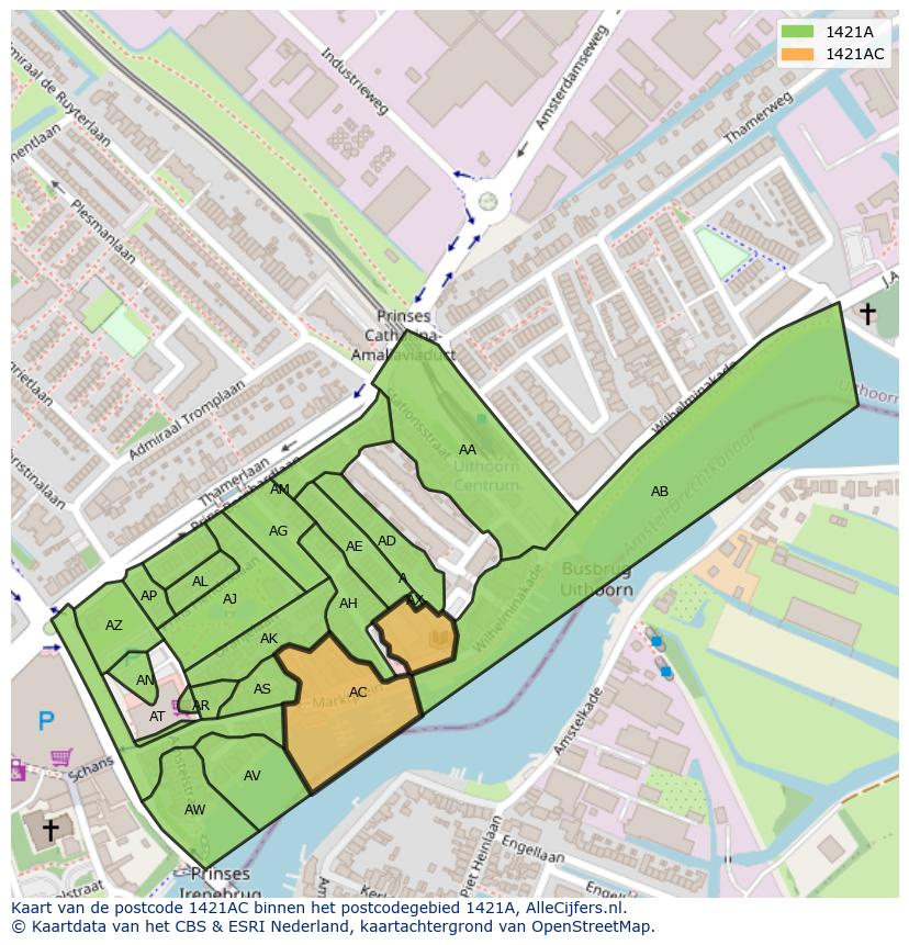Afbeelding van het postcodegebied 1421 AC op de kaart.
