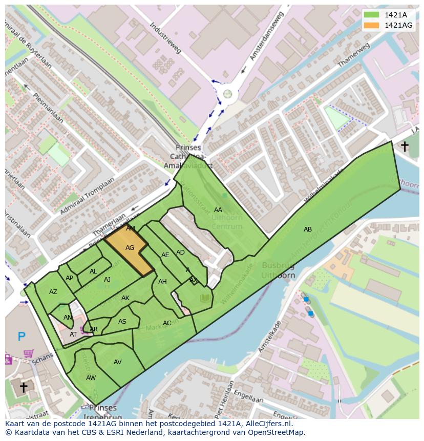 Afbeelding van het postcodegebied 1421 AG op de kaart.