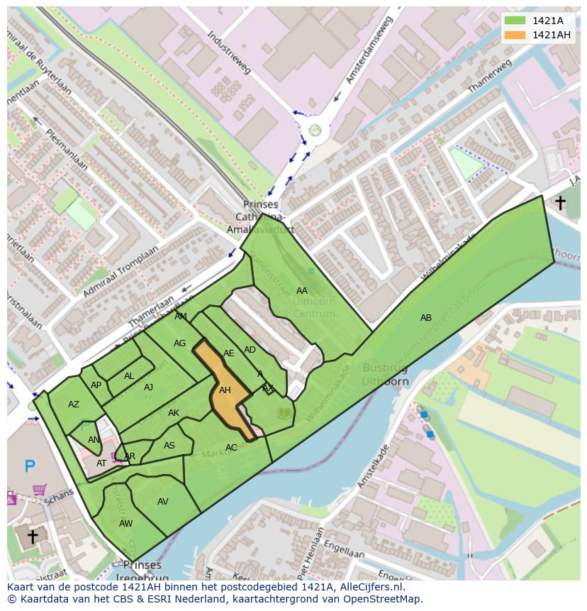 Afbeelding van het postcodegebied 1421 AH op de kaart.