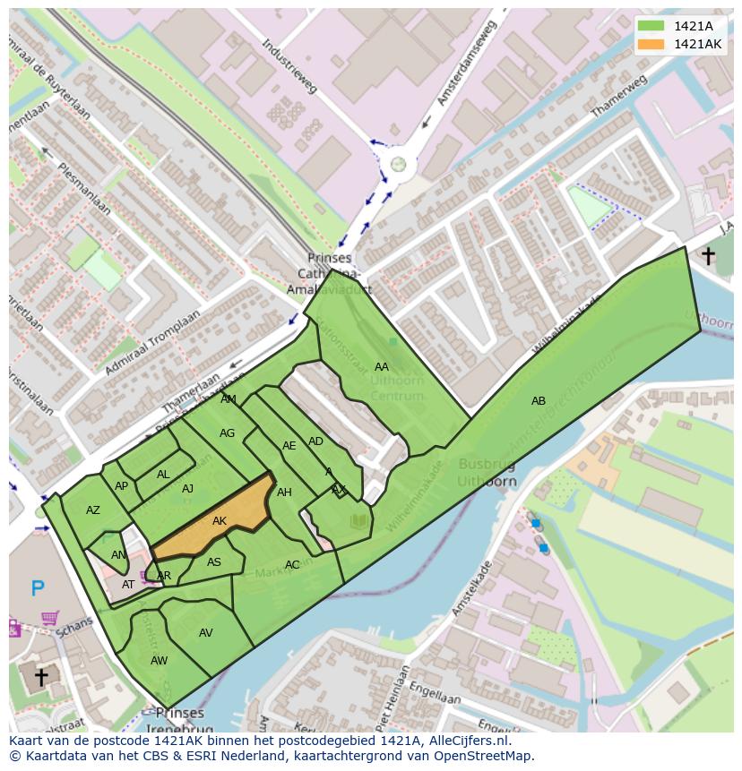 Afbeelding van het postcodegebied 1421 AK op de kaart.