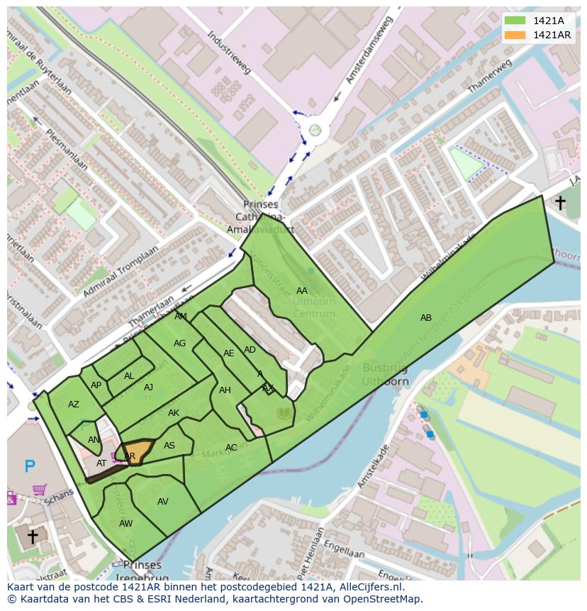Afbeelding van het postcodegebied 1421 AR op de kaart.