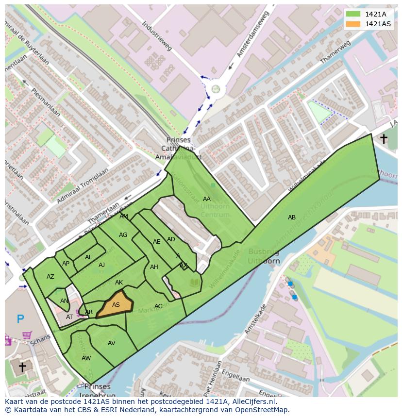 Afbeelding van het postcodegebied 1421 AS op de kaart.