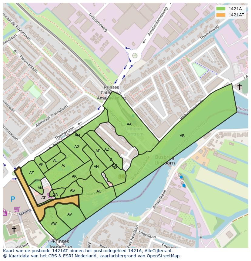 Afbeelding van het postcodegebied 1421 AT op de kaart.