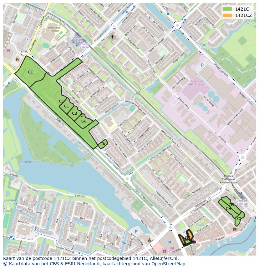 Afbeelding van het postcodegebied 1421 CZ op de kaart.