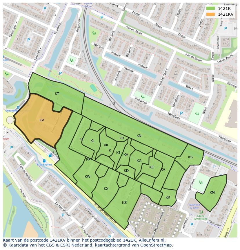 Afbeelding van het postcodegebied 1421 KV op de kaart.