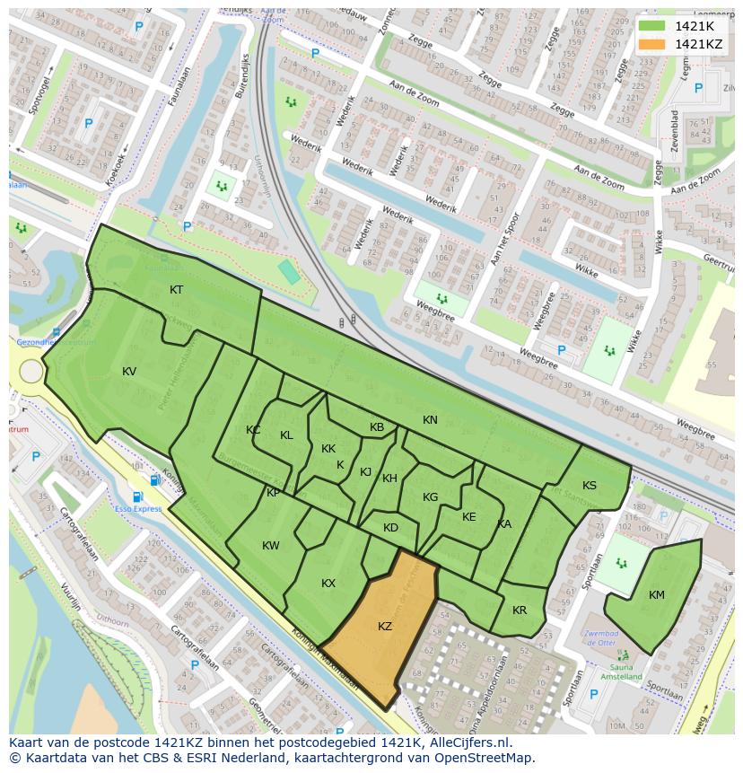 Afbeelding van het postcodegebied 1421 KZ op de kaart.