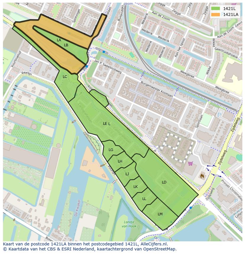 Afbeelding van het postcodegebied 1421 LA op de kaart.