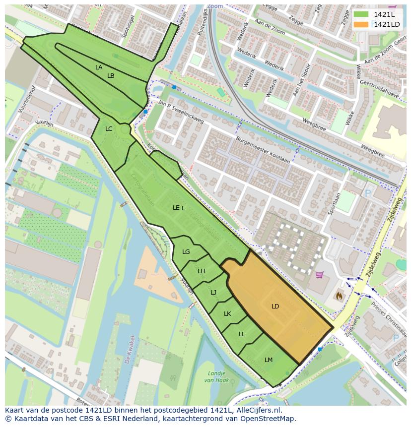 Afbeelding van het postcodegebied 1421 LD op de kaart.