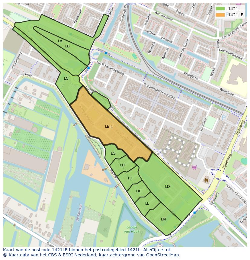 Afbeelding van het postcodegebied 1421 LE op de kaart.