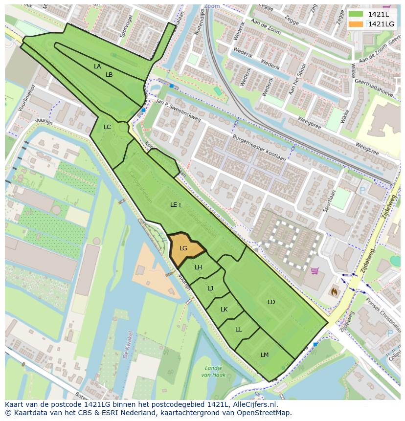 Afbeelding van het postcodegebied 1421 LG op de kaart.