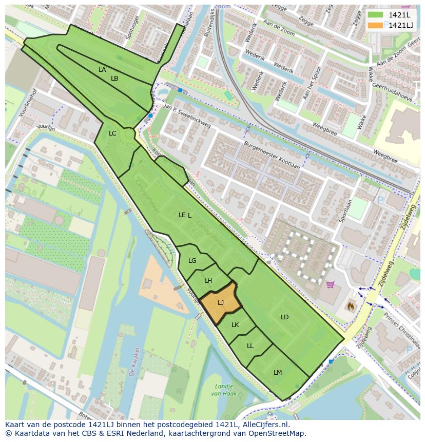 Afbeelding van het postcodegebied 1421 LJ op de kaart.