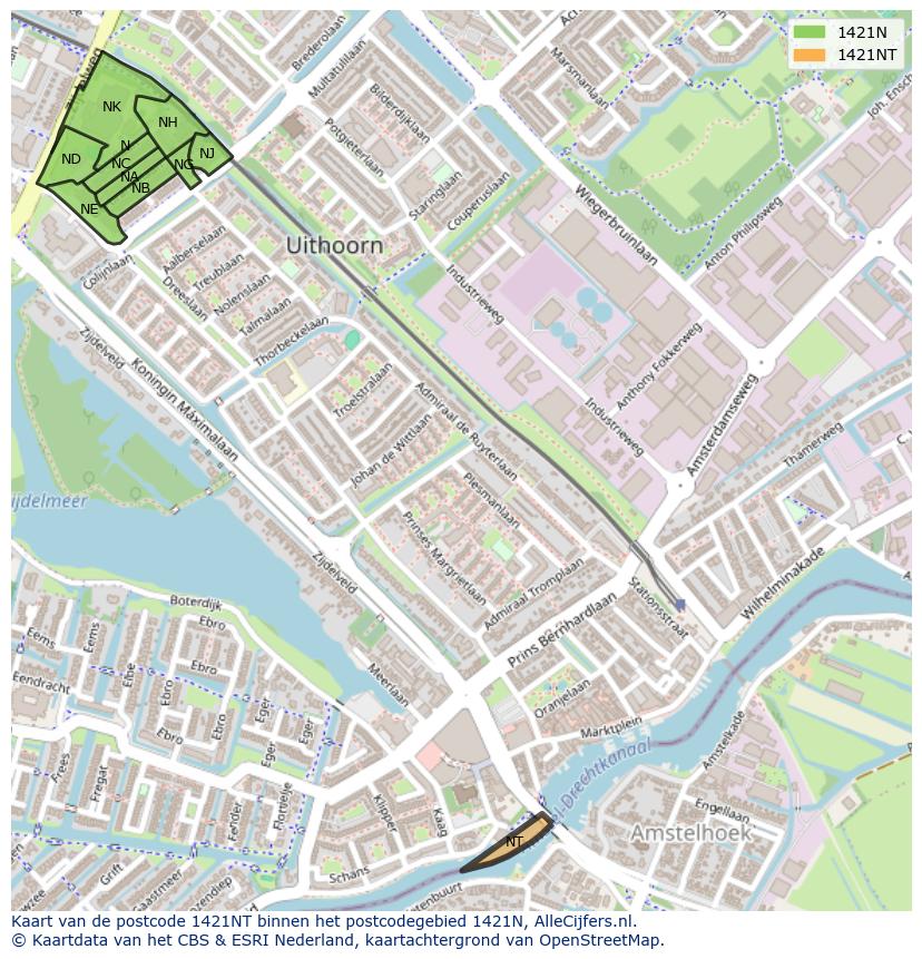 Afbeelding van het postcodegebied 1421 NT op de kaart.