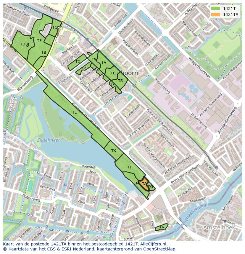 Afbeelding van het postcodegebied 1421 TA op de kaart.