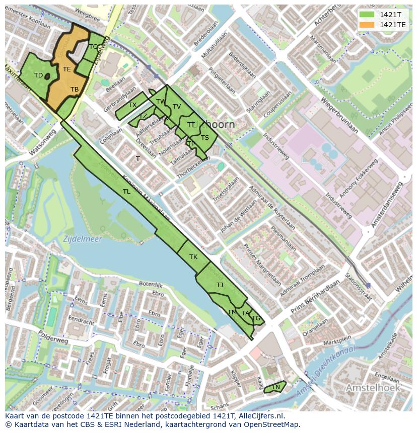 Afbeelding van het postcodegebied 1421 TE op de kaart.