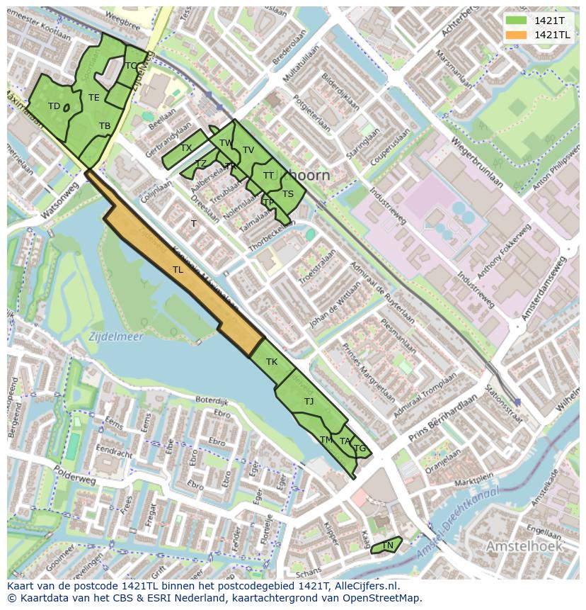 Afbeelding van het postcodegebied 1421 TL op de kaart.