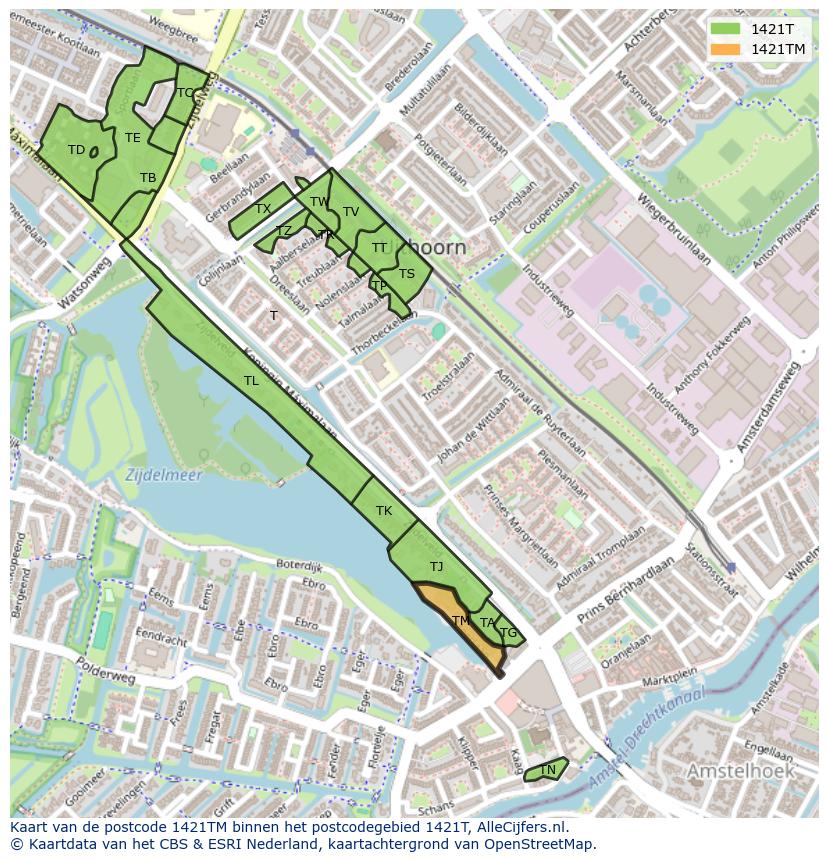 Afbeelding van het postcodegebied 1421 TM op de kaart.