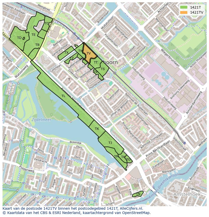 Afbeelding van het postcodegebied 1421 TV op de kaart.