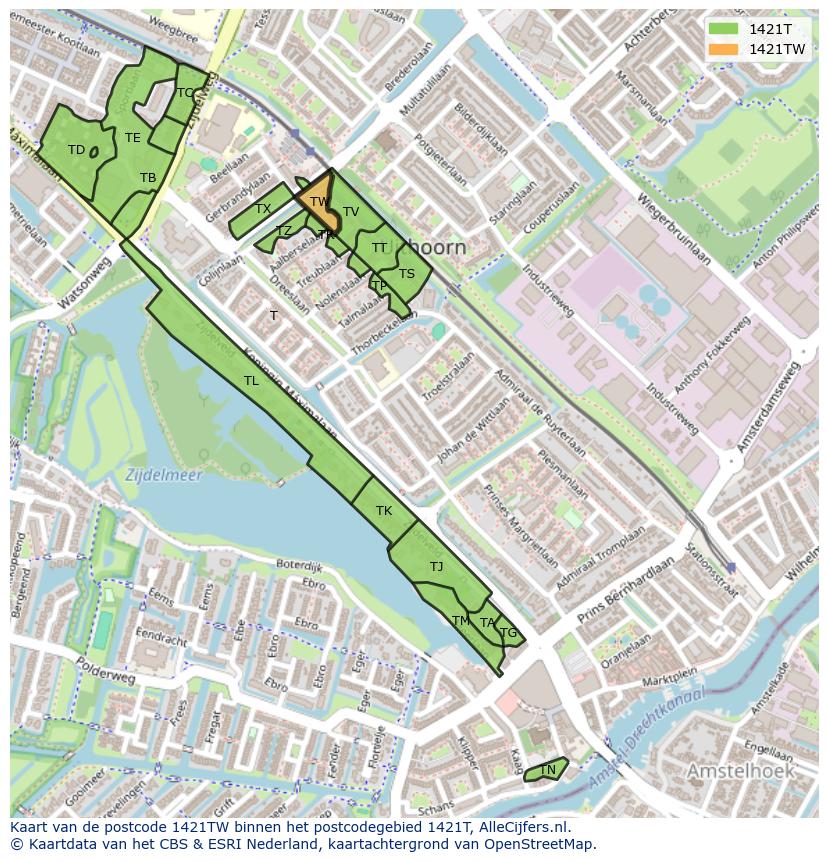 Afbeelding van het postcodegebied 1421 TW op de kaart.