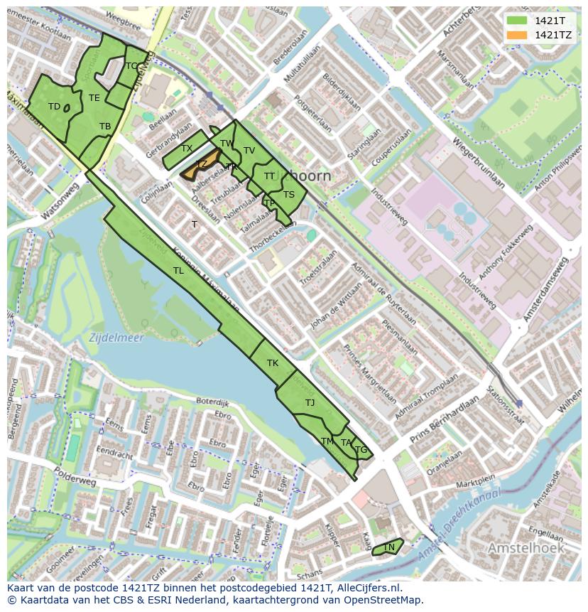 Afbeelding van het postcodegebied 1421 TZ op de kaart.