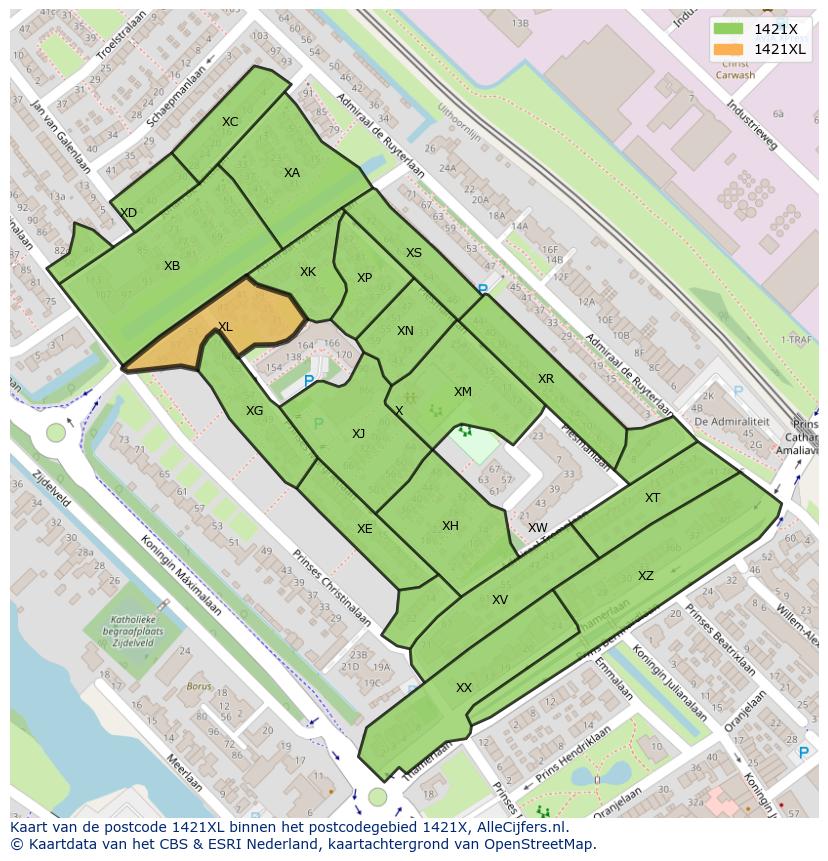 Afbeelding van het postcodegebied 1421 XL op de kaart.