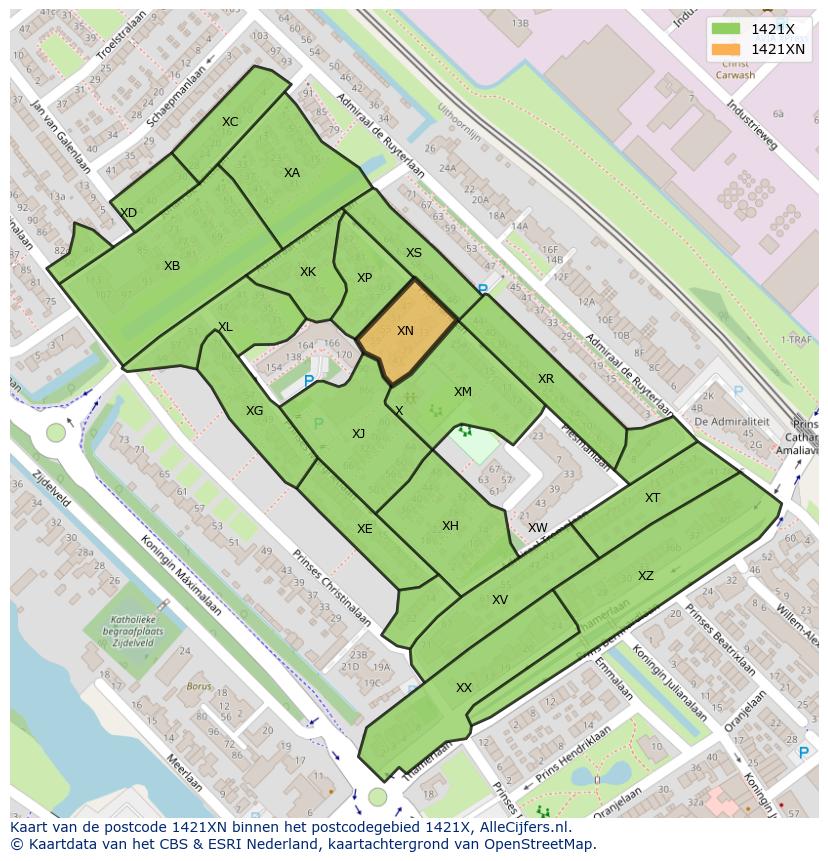 Afbeelding van het postcodegebied 1421 XN op de kaart.