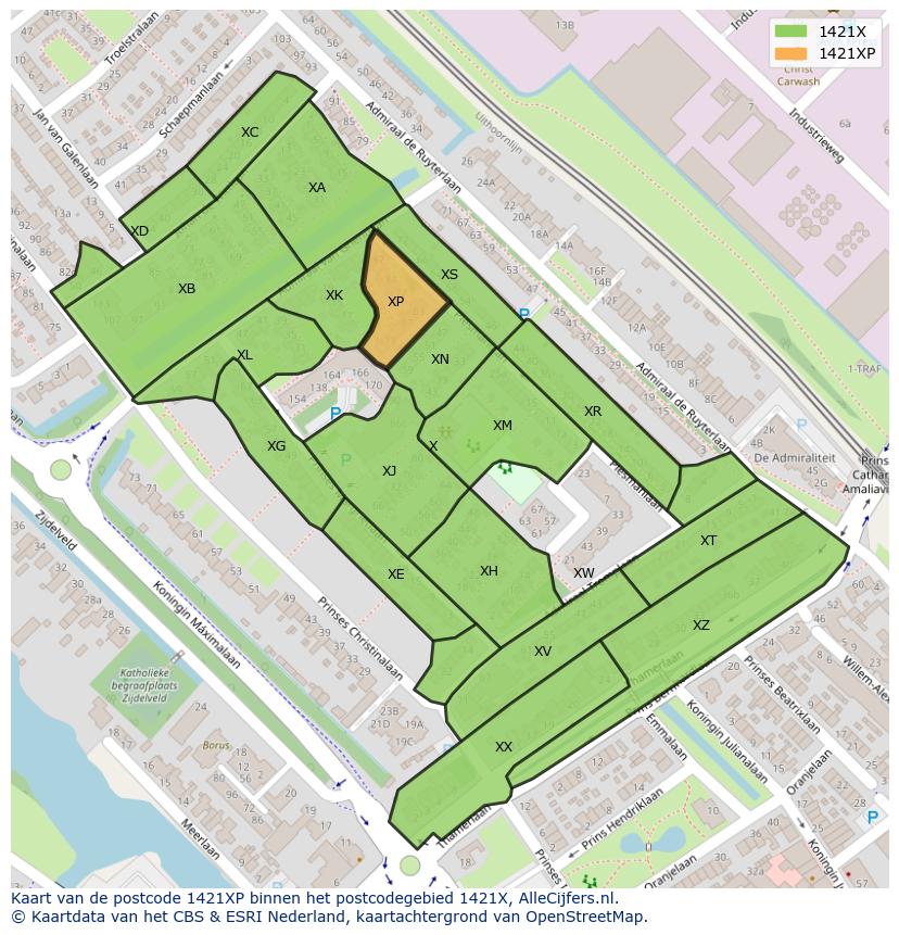 Afbeelding van het postcodegebied 1421 XP op de kaart.
