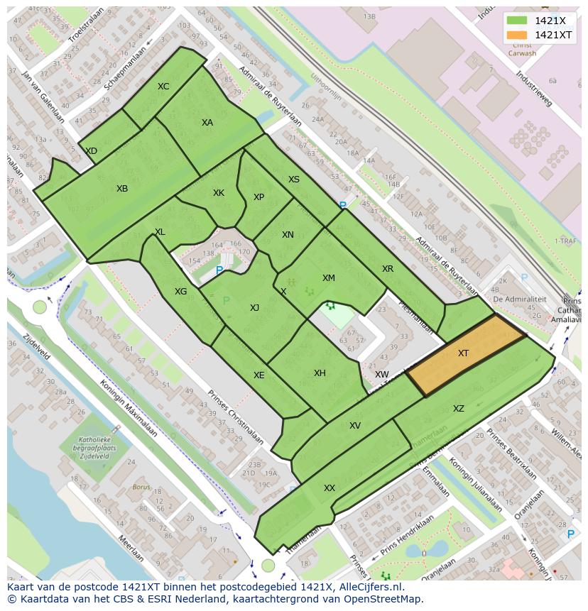 Afbeelding van het postcodegebied 1421 XT op de kaart.