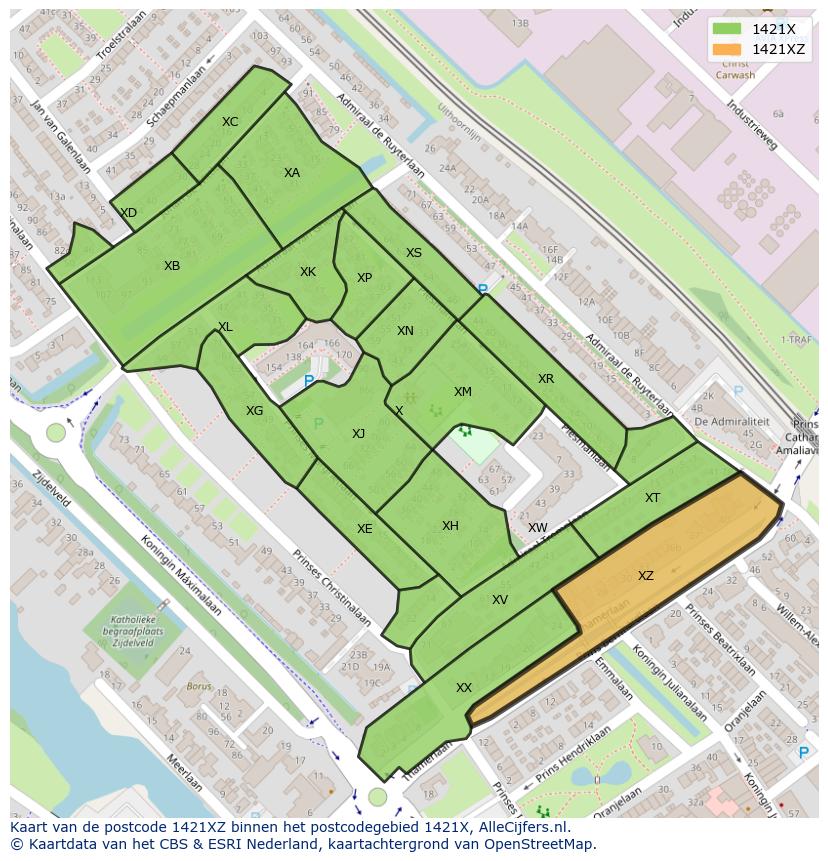 Afbeelding van het postcodegebied 1421 XZ op de kaart.