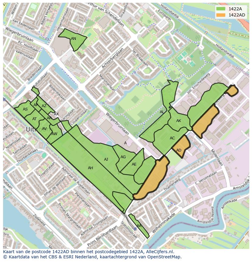 Afbeelding van het postcodegebied 1422 AD op de kaart.