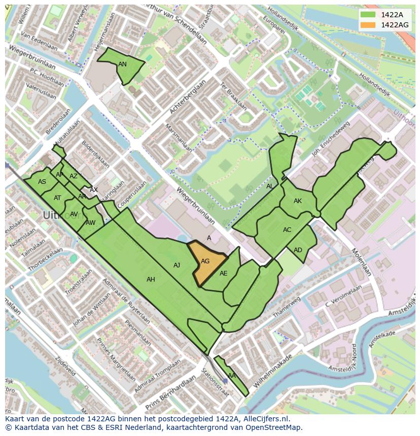 Afbeelding van het postcodegebied 1422 AG op de kaart.