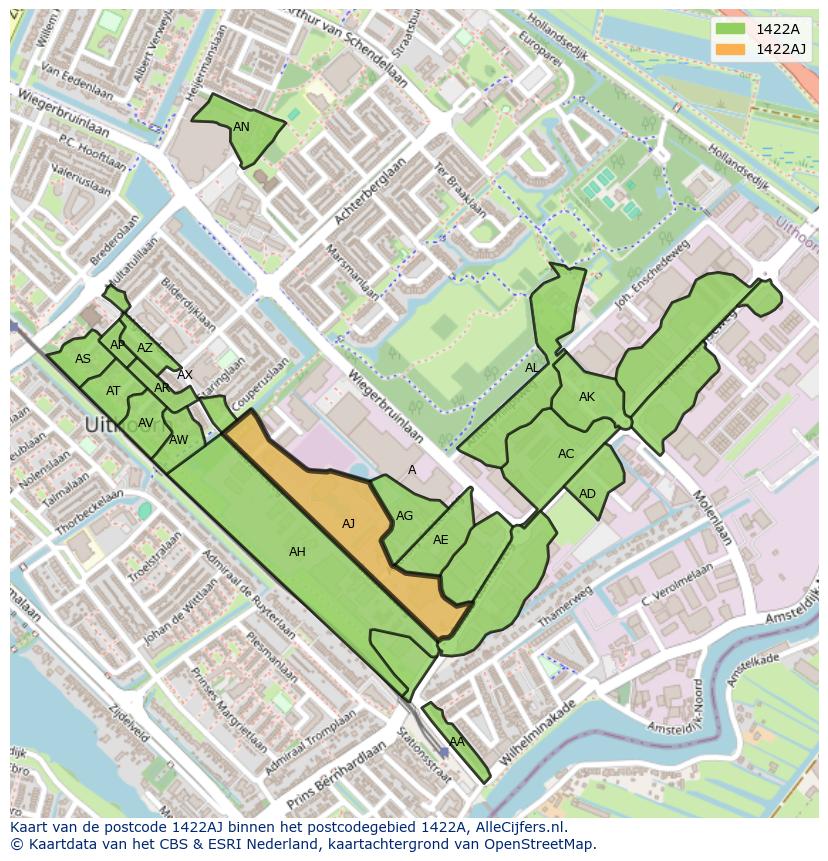 Afbeelding van het postcodegebied 1422 AJ op de kaart.