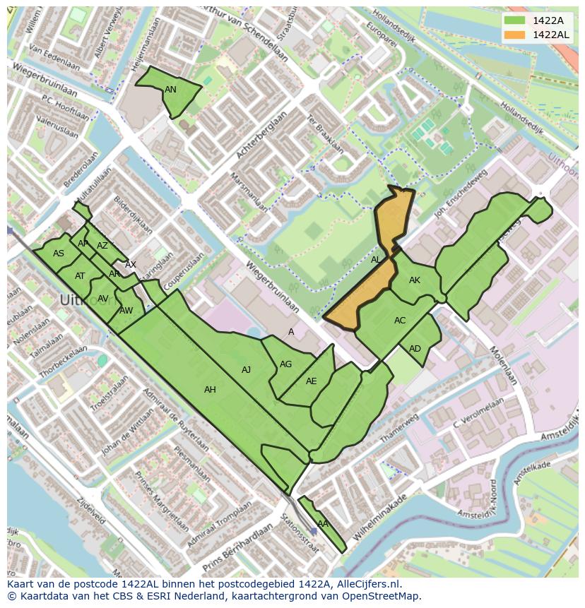 Afbeelding van het postcodegebied 1422 AL op de kaart.